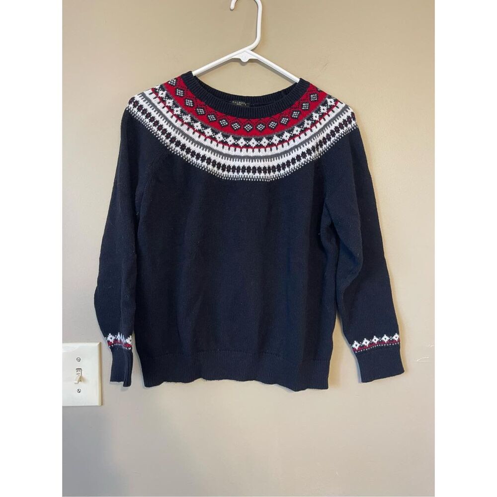 Talbots Women’s Black, Red, & White Fair Isle Lambswool Blend Crewneck Sweater P